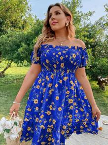 Flirla Plus Floral Print Off Shoulder Ruffle Hem Dress Vacation Beach Outfits Women - Royal Blue - View 4