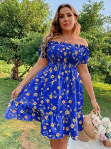 Flirla Plus Floral Print Off Shoulder Ruffle Hem Dress Vacation Beach Outfits Women - Royal Blue - View 5