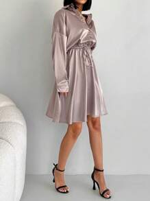 EURMUSE Drop Shoulder Drawstring Waist Satin Shirt Dress - Apricot - View 1