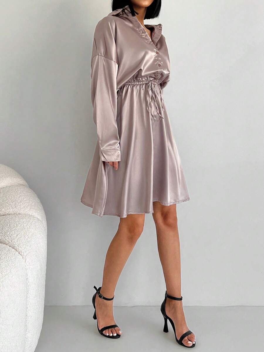 EURMUSE Drop Shoulder Drawstring Waist Satin Shirt Dress - Apricot - View 1
