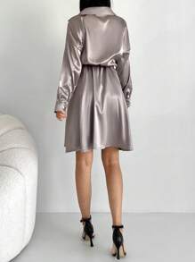 EURMUSE Drop Shoulder Drawstring Waist Satin Shirt Dress - Apricot - View 2