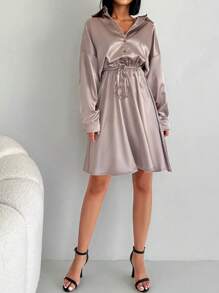EURMUSE Drop Shoulder Drawstring Waist Satin Shirt Dress - Apricot - View 3