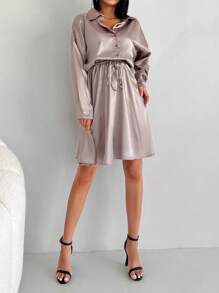 EURMUSE Drop Shoulder Drawstring Waist Satin Shirt Dress - Apricot - View 4