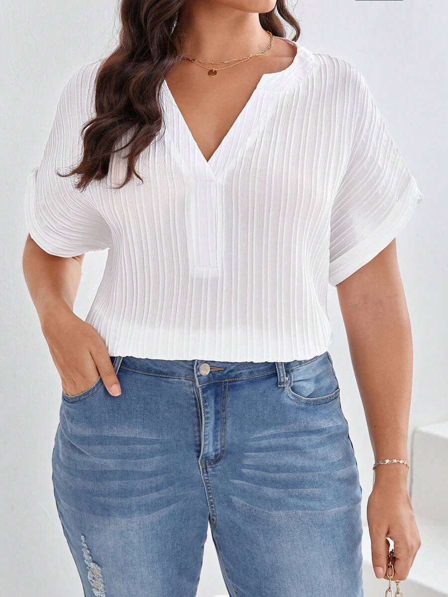 SHEIN Frenchy Plus Notched Neck Batwing Sleeve Blouse - White - View 1