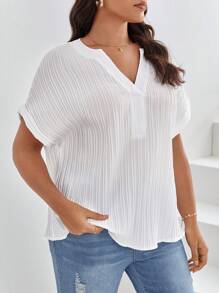 SHEIN Frenchy Plus Notched Neck Batwing Sleeve Blouse - White - View 3