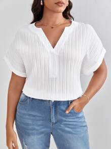 SHEIN Frenchy Plus Notched Neck Batwing Sleeve Blouse - White - View 4