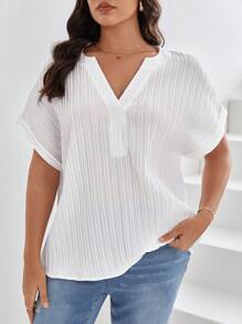 SHEIN Frenchy Plus Notched Neck Batwing Sleeve Blouse - White - View 5