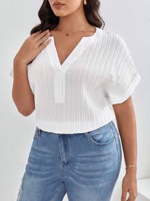 SHEIN Frenchy Plus Notched Neck Batwing Sleeve Blouse - White - View 6