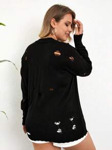 RueChic Plus Solid Drop Shoulder Distressed Jumper - Black - View 2