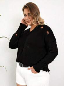 RueChic Plus Solid Drop Shoulder Distressed Jumper - Black - View 3