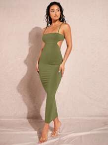 Silquee 素色鏤空露背吊帶緊身洋裝 - 軍綠色 - 查看 7