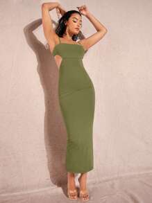Silquee 素色鏤空露背吊帶緊身洋裝 - 軍綠色 - 查看 5