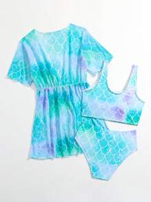 Tween Girl Fish Scales Print Bikini Set With Kimono Summer Beach