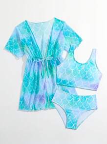 Tween Girl Fish Scales Print Bikini Set With Kimono Summer Beach
