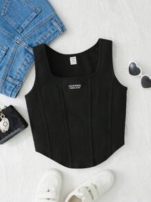 SHEIN 青少年女孩字母補丁細節弧形下擺背心上衣 - 黑色 - 查看 1