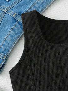 SHEIN 青少年女孩字母補丁細節弧形下擺背心上衣 - 黑色 - 查看 4