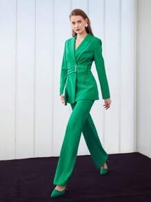 MOTF PREMIUM 褶皺圍裹西裝外套 - 綠色 - 查看 3