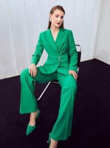 MOTF PREMIUM 褶皺圍裹西裝外套 - 綠色 - 查看 5