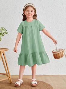 SHEIN Cô Gái Trẻ Chất rắn Xù Hoa Sen Váy Smock - Màu xanh Bạc hà - Xem 1