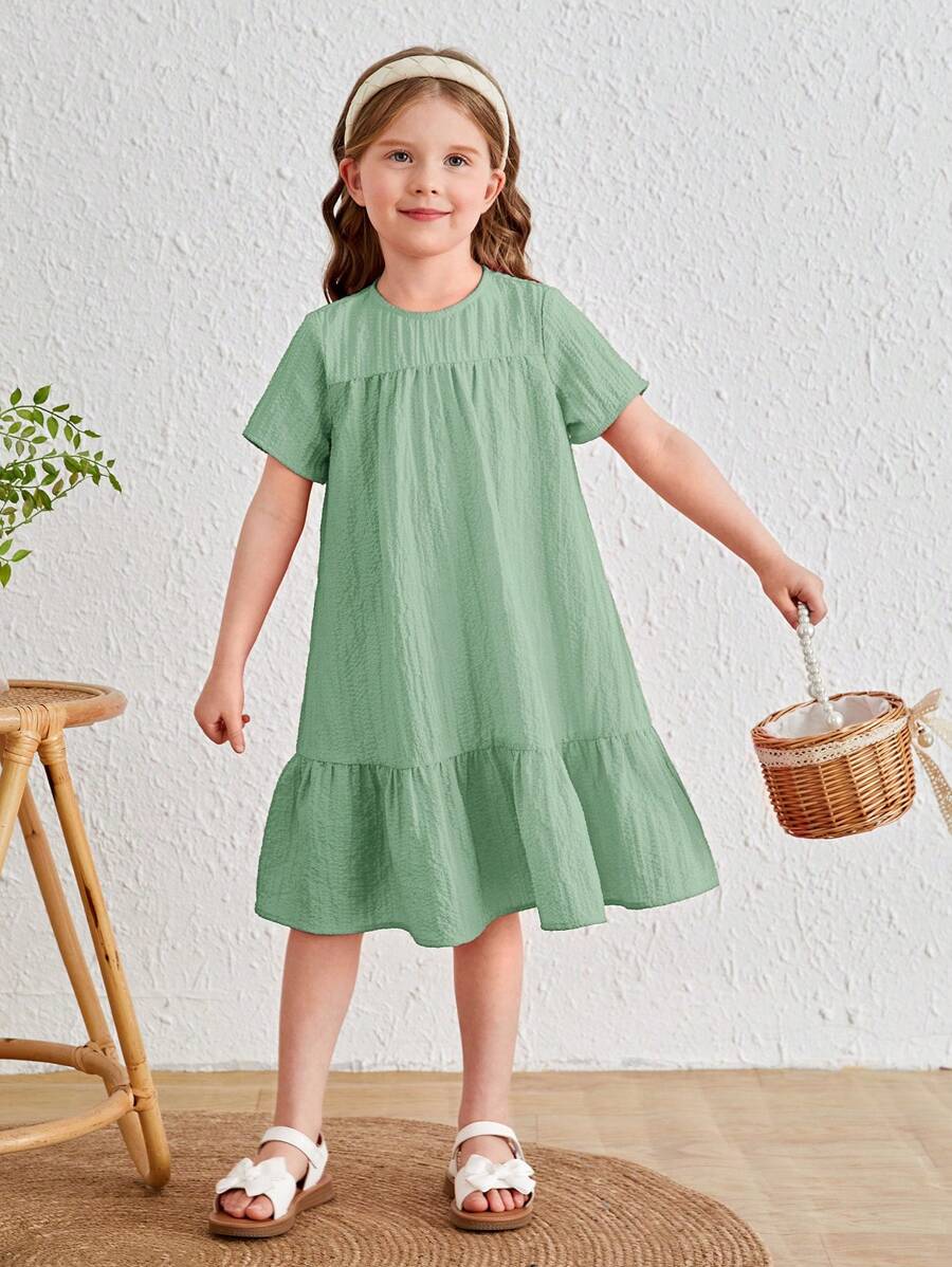 SHEIN Cô Gái Trẻ Chất rắn Xù Hoa Sen Váy Smock - Màu xanh Bạc hà - Xem 1