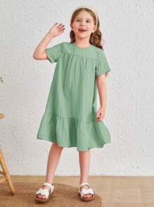 SHEIN Cô Gái Trẻ Chất rắn Xù Hoa Sen Váy Smock - Màu xanh Bạc hà - Xem 3