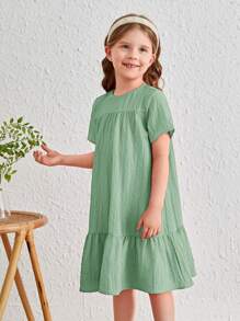 SHEIN Cô Gái Trẻ Chất rắn Xù Hoa Sen Váy Smock - Màu xanh Bạc hà - Xem 4