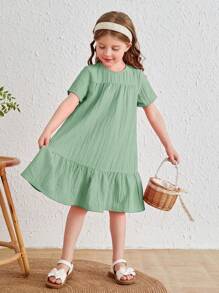 SHEIN Cô Gái Trẻ Chất rắn Xù Hoa Sen Váy Smock - Màu xanh Bạc hà - Xem 5