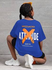 SHEIN 女大童字母圖案落肩T恤 - 寶藍色 - 查看 1