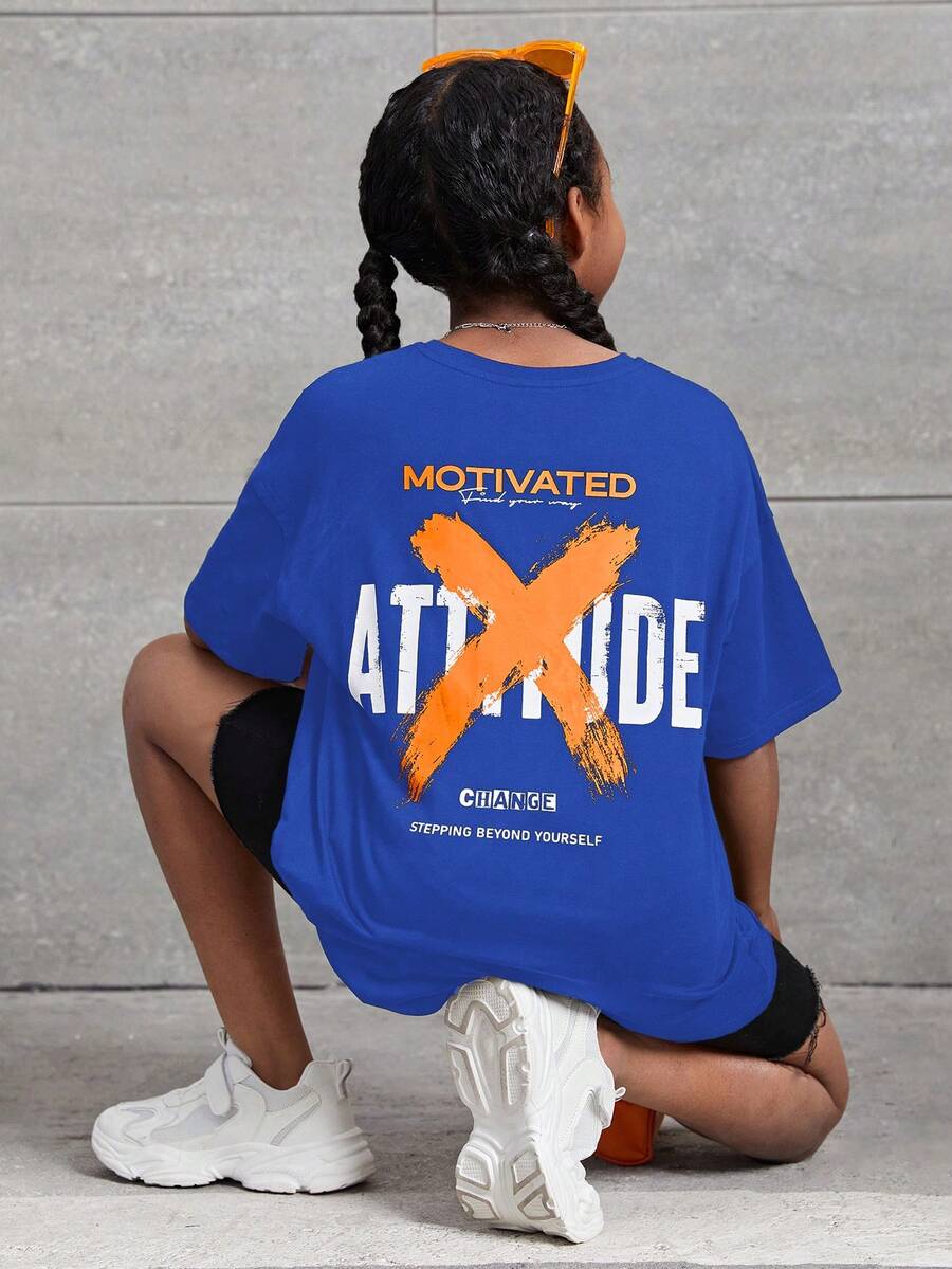 SHEIN 女大童字母圖案落肩T恤 - 寶藍色 - 查看 1