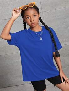 SHEIN 女大童字母圖案落肩T恤 - 寶藍色 - 查看 2