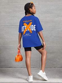 SHEIN 女大童字母圖案落肩T恤 - 寶藍色 - 查看 4