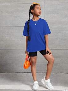 SHEIN 女大童字母圖案落肩T恤 - 寶藍色 - 查看 5