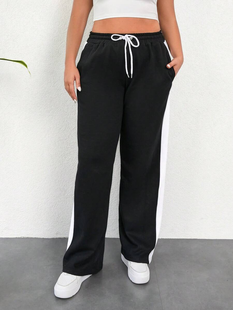 EURMUSE Plus Size  Contrast Side Seam Drawstring Waist Slant Pocket Sweatpants - Black - View 1