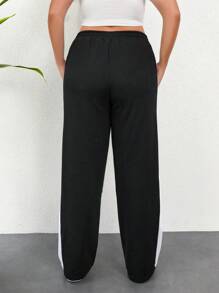 EURMUSE Plus Size  Contrast Side Seam Drawstring Waist Slant Pocket Sweatpants - Black - View 2