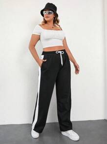 EURMUSE Plus Size  Contrast Side Seam Drawstring Waist Slant Pocket Sweatpants - Black - View 3