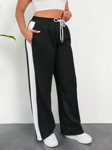 EURMUSE Plus Size  Contrast Side Seam Drawstring Waist Slant Pocket Sweatpants - Black - View 4