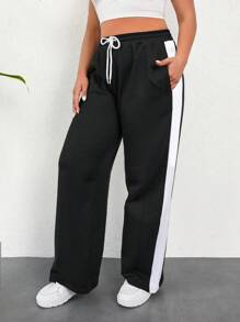 EURMUSE Plus Size  Contrast Side Seam Drawstring Waist Slant Pocket Sweatpants - Black - View 5