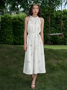 DAZY Floral Print Halter Dress - Beige - View 6