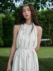 DAZY Floral Print Halter Dress - Beige - View 7