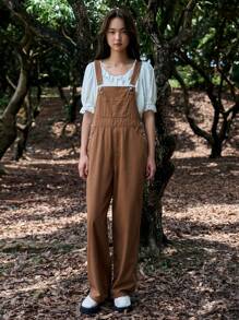 DAZY 純色口袋牛仔背帶褲連身裝,不含t卹 - 棕色 - 查看 1