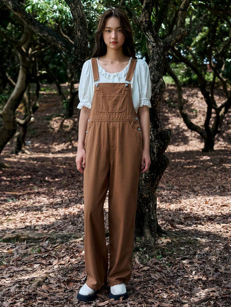 DAZY 純色口袋牛仔背帶褲連身裝,不含t卹 - 棕色 - 查看 1