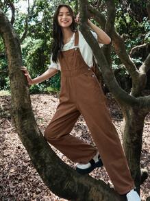 DAZY 純色口袋牛仔背帶褲連身裝,不含t卹 - 棕色 - 查看 2