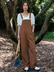 DAZY 純色口袋牛仔背帶褲連身裝,不含t卹 - 棕色 - 查看 3