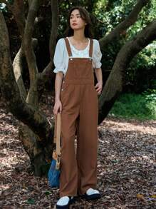 DAZY 純色口袋牛仔背帶褲連身裝,不含t卹 - 棕色 - 查看 4