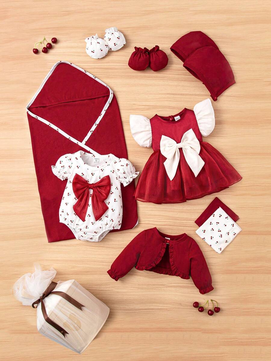 SHEIN Baby Girl 13pcs Cherry Print Bow Front Bodysuit & Ruffle Trim