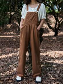DAZY 純色口袋牛仔背帶褲連身裝,不含t卹 - 棕色 - 查看 7
