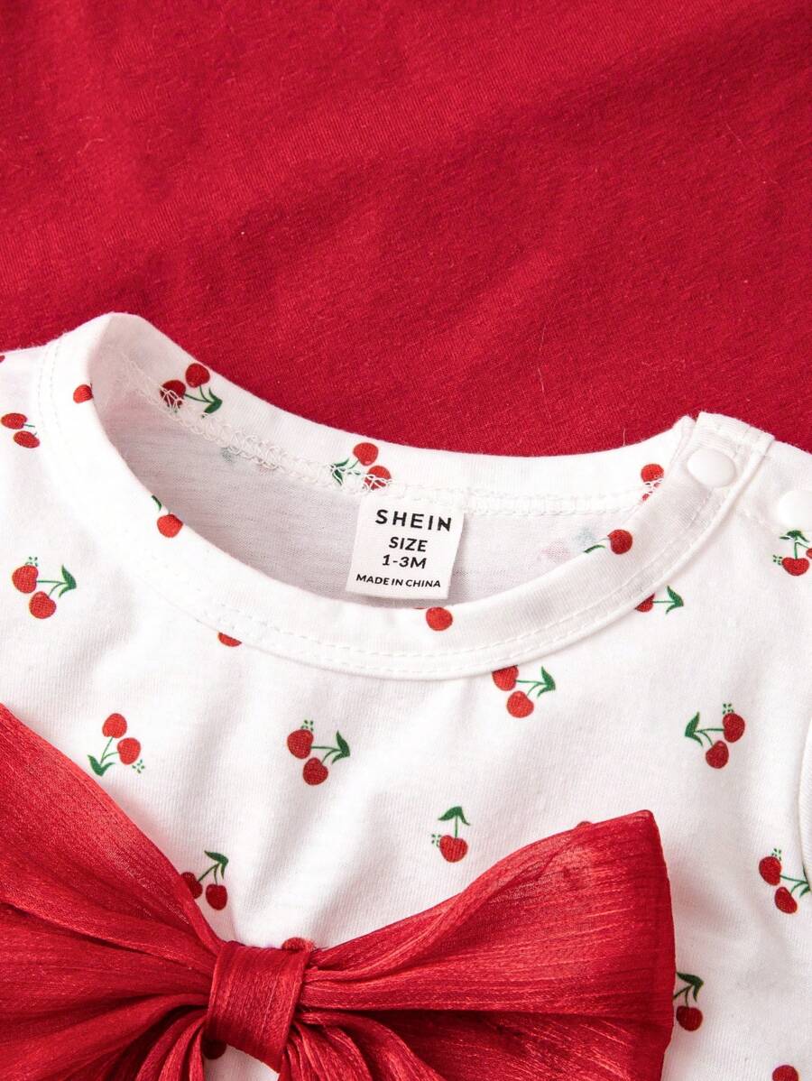 SHEIN Baby Girl 13pcs Cherry Print Bow Front Bodysuit & Ruffle Trim
