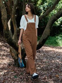 DAZY 純色口袋牛仔背帶褲連身裝,不含t卹 - 棕色 - 查看 9