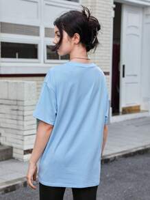 SHEIN Teen Girl Letter & Butterfly Print Drop Shoulder Tee - Baby Blue - View 2