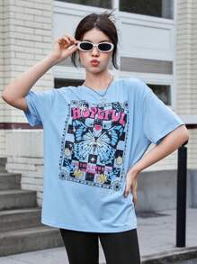 SHEIN Teen Girl Letter & Butterfly Print Drop Shoulder Tee - Baby Blue - View 3